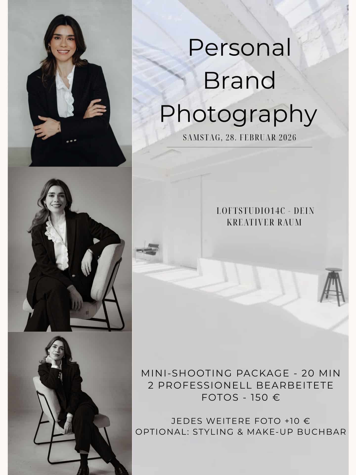 ✨ Personal Branding Fotografie – Portraittag 📅 28.02.2026📍 @loftstudio14c , NeussAm 28. Februar 2026 biete ich wieder meinen Personal-Branding-Portraittag an.In der wunderschönen Location @loftstudio14c in Neuss entstehen moderne, authentische und zeitlose Porträts – perfekt für dein Business, deine Selbstständigkeit oder deine Personal Brand.Leistung & Preis:📸 2 professionell bearbeitete Fotos – 150 €➕ Jedes weitere Foto: 10 €💄 Hair & Make-up (H&M) ist auch diesmal optional buchbar Die Fotos eignen sich ideal für:– Website & About-Me-Seite– Instagram & Social Media– LinkedIn & Business-Profile– Personal Branding & Marketing📩 Bei Interesse bitte anfragen.Die Plätze sind begrenzt.#portrait #personalbranding #fotoshooting #portraitphotography #portraits